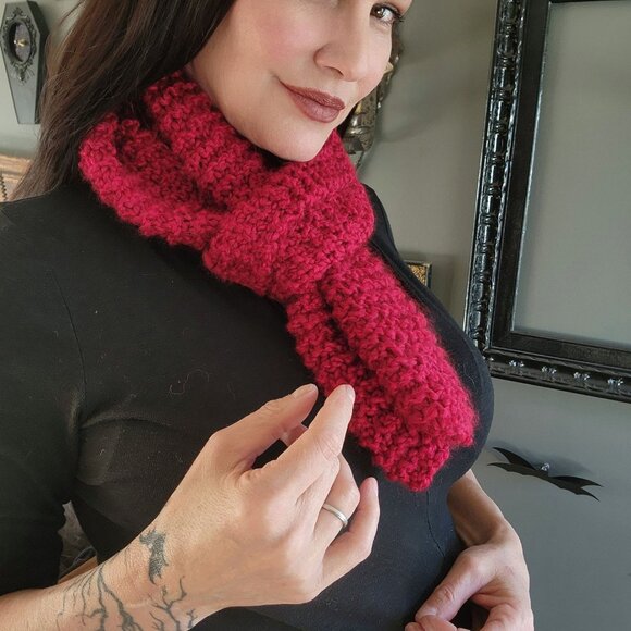Knit Scarf, Chunky Red Boucle Yarn, "Crimson" OOAK One Of A Kind Cozy Goth Style - Picture 4 of 10